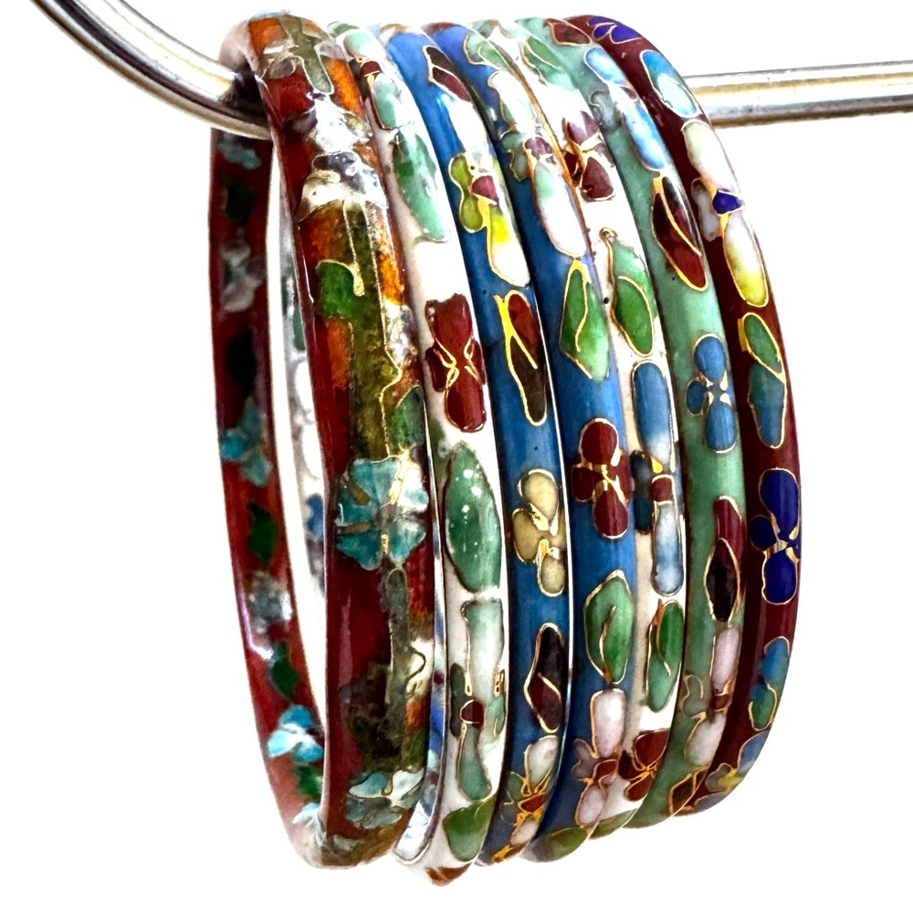 Vtg Set Of 7 Cloisonne Bangle Bracelets Asian Floral - Picture 6 of 10